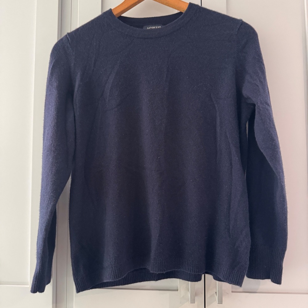 Lands End Navy Blue 100% Cashmere Crewneck Sweater Petite XL